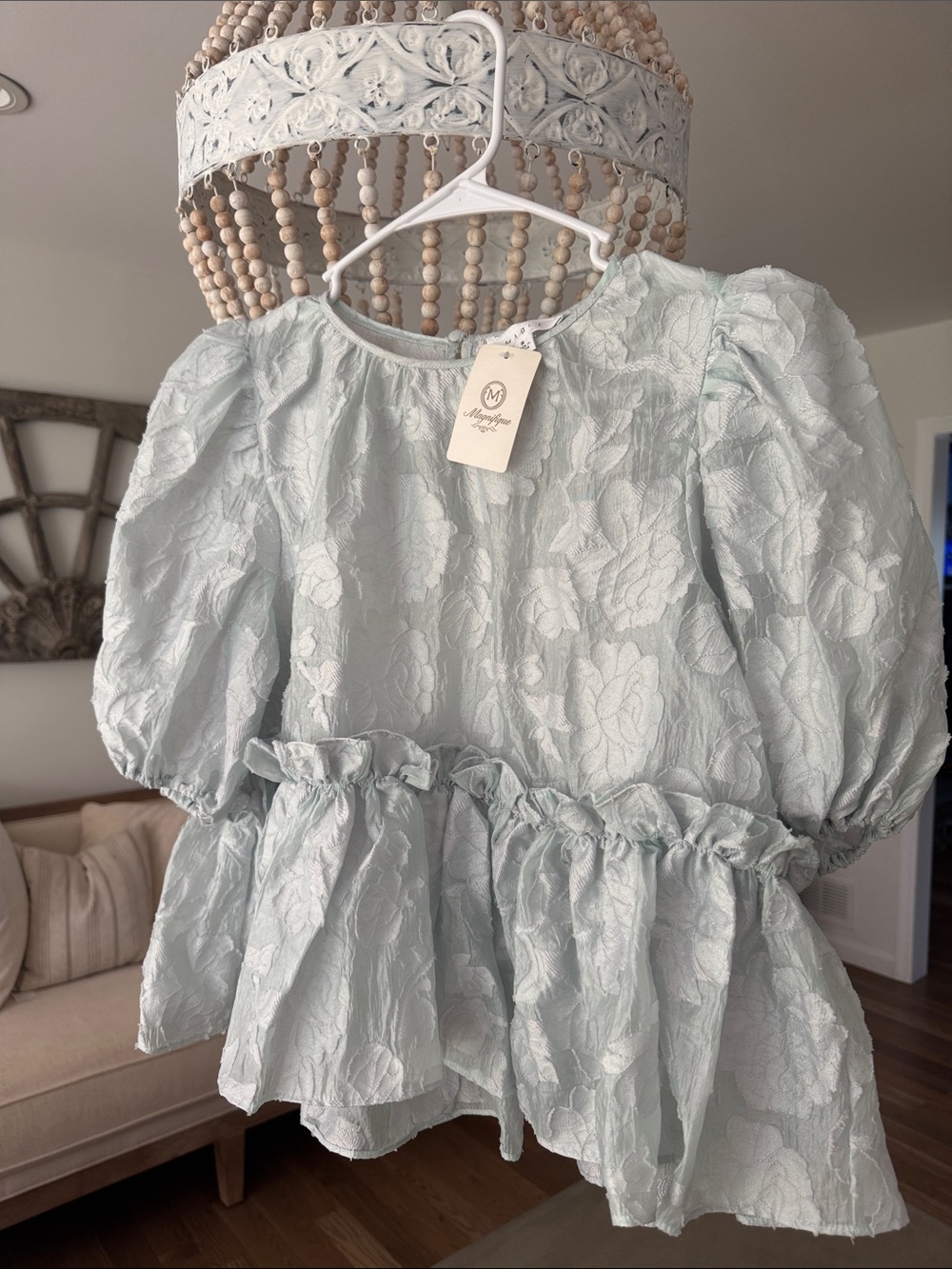 NWT Mable organza light mint green sage jacquard Puff- sleeve peplum Top